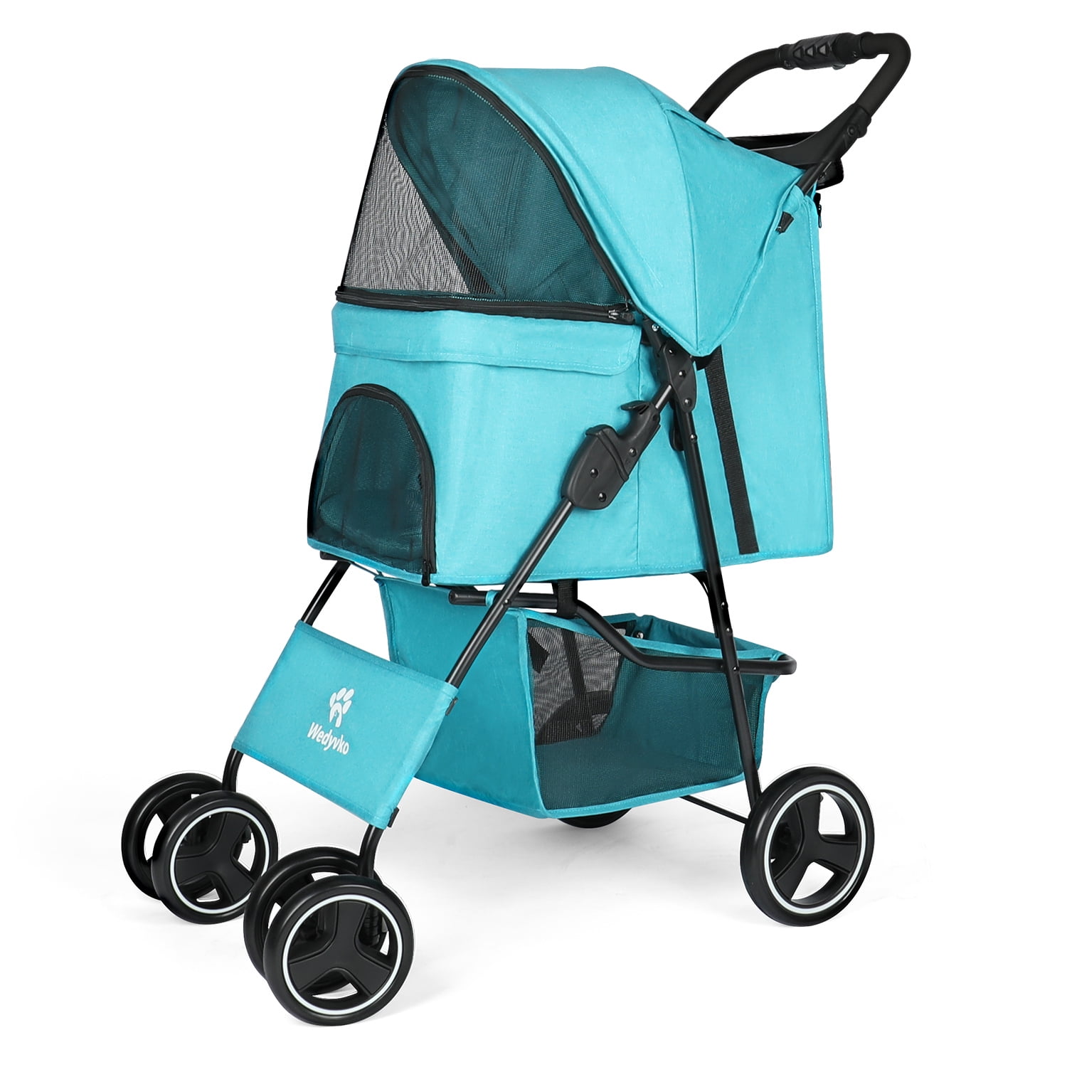Wedyvko Pet Dog Stroller, 4 Wheeled Foldable Pet Stroller with Storage Basket and Cup Holder