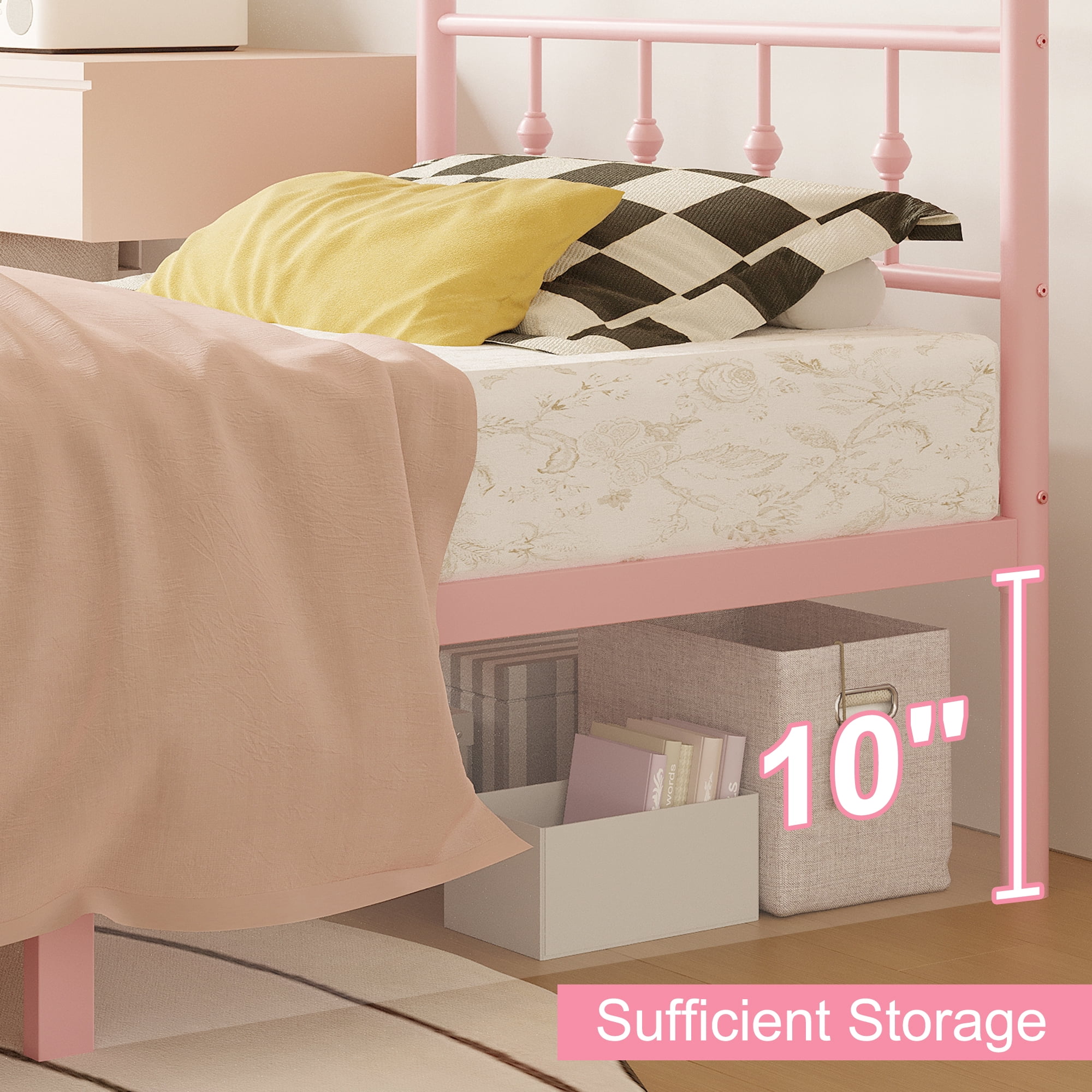 Maenizi 12 inch Tall Twin XL Bed Frames with Headboard and Footboard, Heavy Duty Metal Platform Bed Frame Twin XL No Box Spring Needed, Easy Assembly, Under Bed Storage, Noise Free, Pink