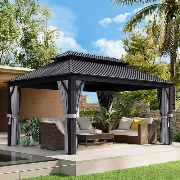 Aoxun 12 ft. x 16 ft. Outdoor Hardtop Gazebo, Galvanized Double Roof Aluminum Pavilion with Netting and Curtains for Garden, Patio, Lawns, Grey
