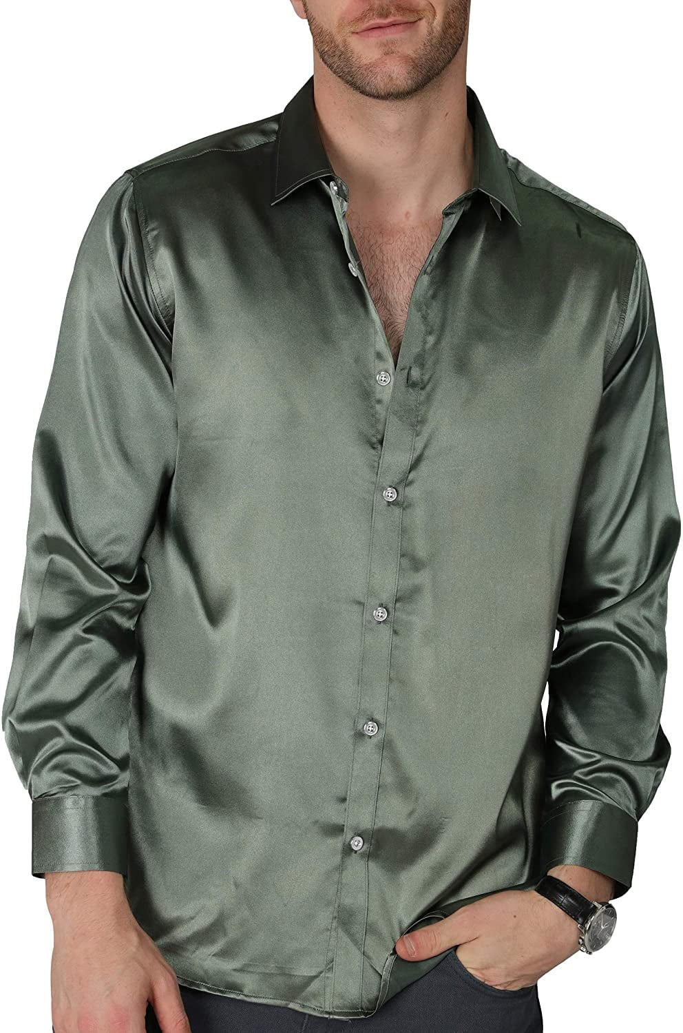 Men's Premium Wrinkle Resistant Long Sleeve Button Down Sateen Dress Shirt 