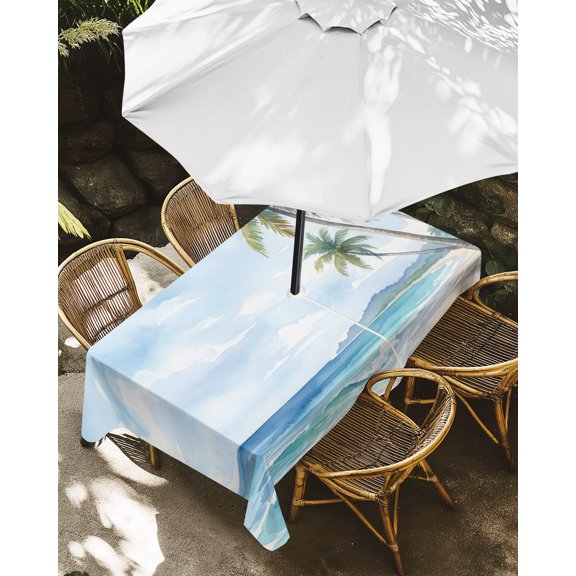 Outdoor Tablecloth with Umbrella Hole, Summer Sky Blue Sea Zippered Table Cloth for Rectangle Tables, Beach Coconut Trees Washable Waterproof Tablecloths for Picnic Patio Garden