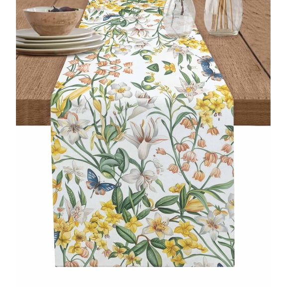 ERUNPONLY Yellow White Floral Table Runner - 36 Inch Long Spring Farmhouse Flowers Botanical Cotton and Linen Blended Dress Scarves Farmhouse Table Runner for Kitchen Dining, Coffee Table, 13"x36"