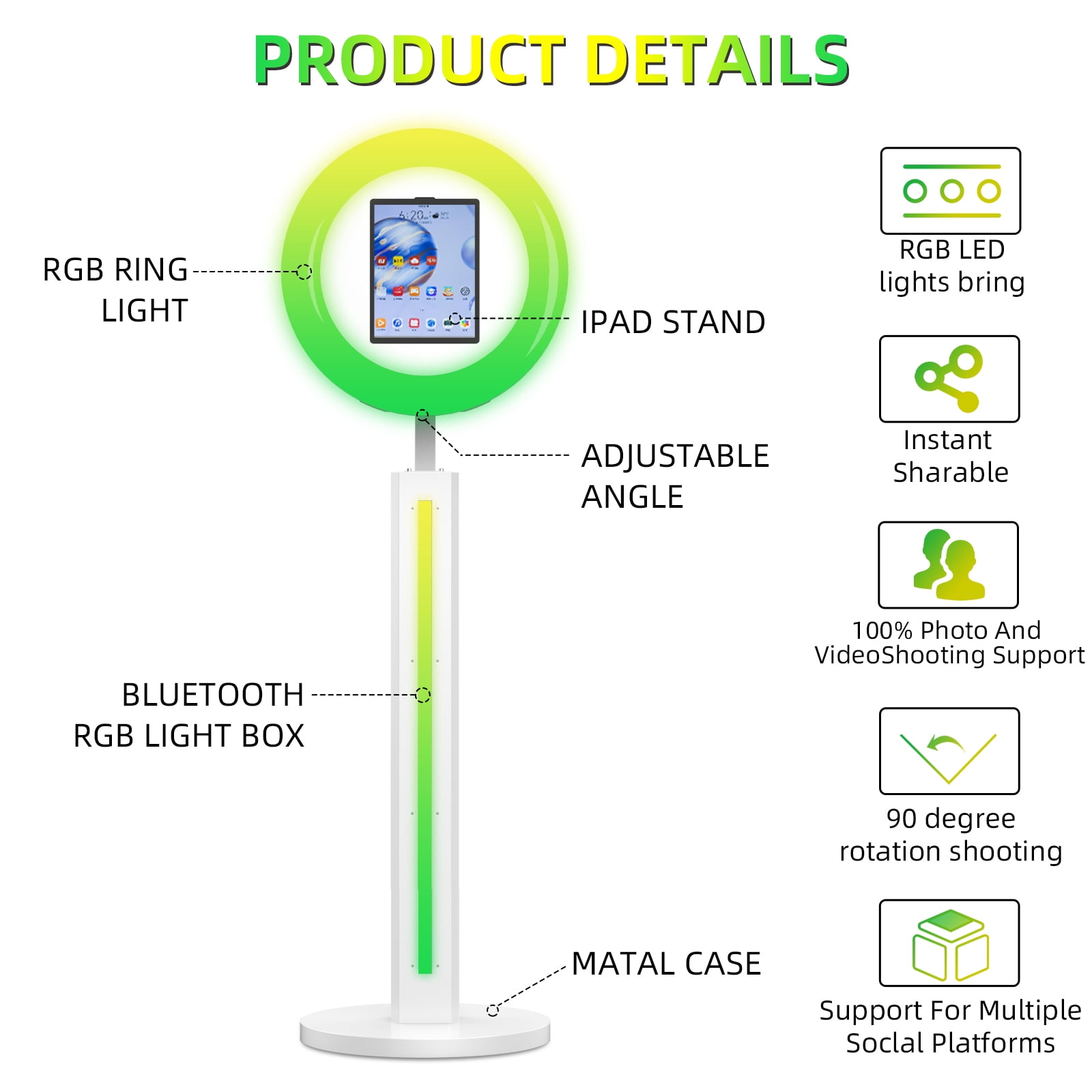 MWE Ipad Photo Booth with Ring Light Stand Compatible 10.2in 10.9in 12.9in, APP Control Light Box, Music Sync, Flight Case