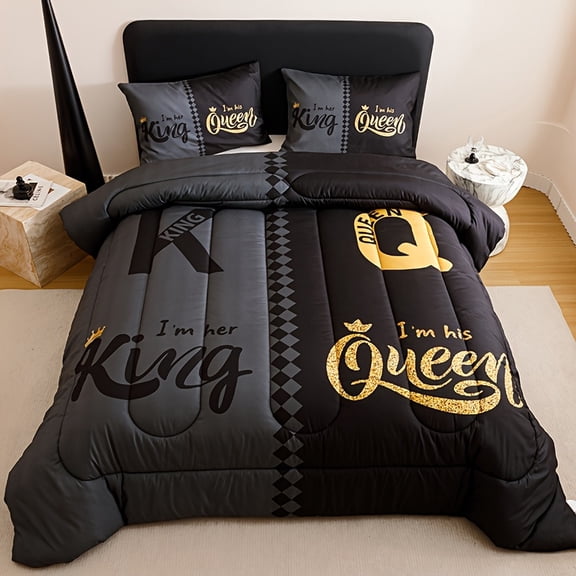 3pcs Black Grey Color Blocking Crown Letter Quilt Set - 180gsm Thickened Soft Breathable Bedding (1 Comforter   2 Pillowcases, No Pillow Core)