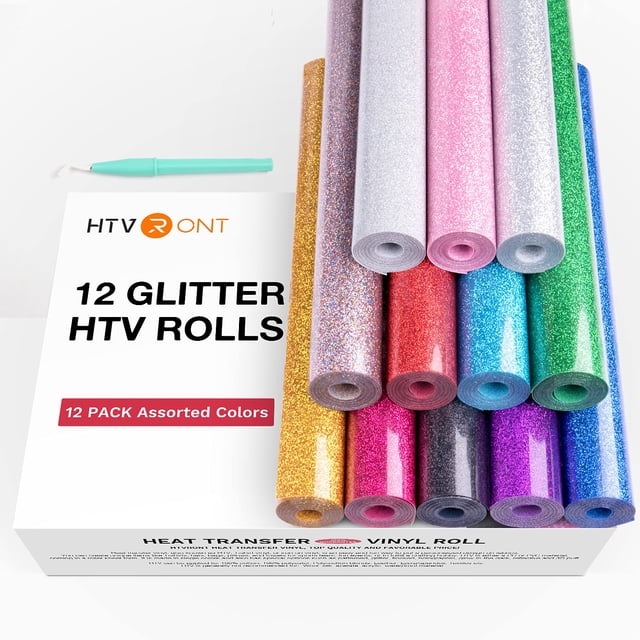 Paquete de 12 rollos de vinilo de transferencia de calor HTVRONT con purpurina, 10 x 5 pies