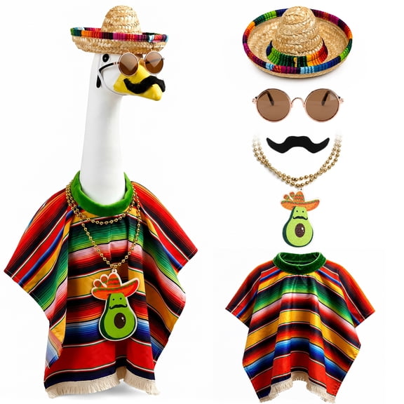 4 Pcs/Set Mexican Porch Goose Outfits, 23"/ 17" Lawn Goose Statue Clothes Costume for Cinco De Mayo, Garden Goose Clothes Mexican Sombrero with Bandana Scarf Beard Glasses for Patio Yard Decoration