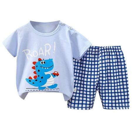 Likimi Infant Kids Boys 2 Piece Sets Short Sleeve Crew Neck Cartoon Print Shirts With Plaid Shorts Soft Outfit Set Light Blue Size 5-6 Years