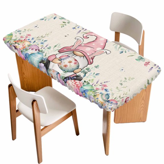 Gnomes Easter Table Cloths for 5 Foot Rectangle Tables, Colorful Spring Floral Weeping Eggs Rustic Patio Waterproof Elastic Fitted Tablecloths, Washable Rectangular Table Cover for Camping