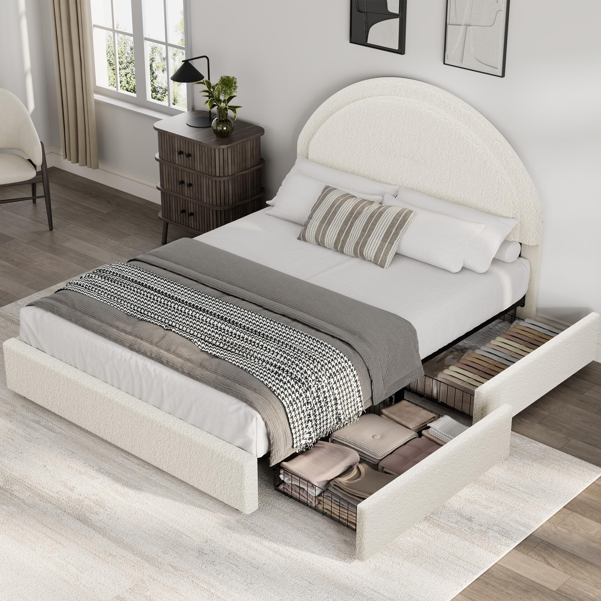 Danolapsi Queen Size Bed Frame with Storage Drawers, Upholstered Boucle Platform Bed with Round Headboard, Heavy Duty & Noise Free, No Box Spring Needed