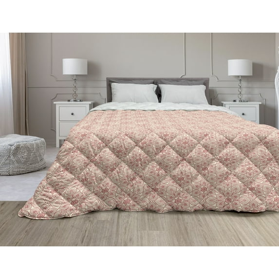 Eastern Down Alternative Comforter, Floral Ornament Motifs on Dark Background with Wavy Lines Abstract Design, Microfiber Quilt for All Season, 5 Sizes, Multicolor, by Ambesonne