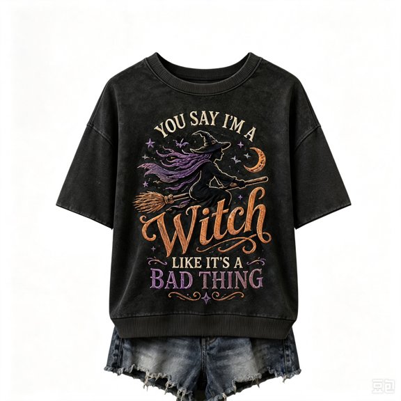 Dweltoz Halloween Witch T Shirt for Women Flying Witch Broom Graphic Crewneck Vintage Washed Retro Oversized Short Sleeve Sweatshirt Fall Top,Khaki 2XL
