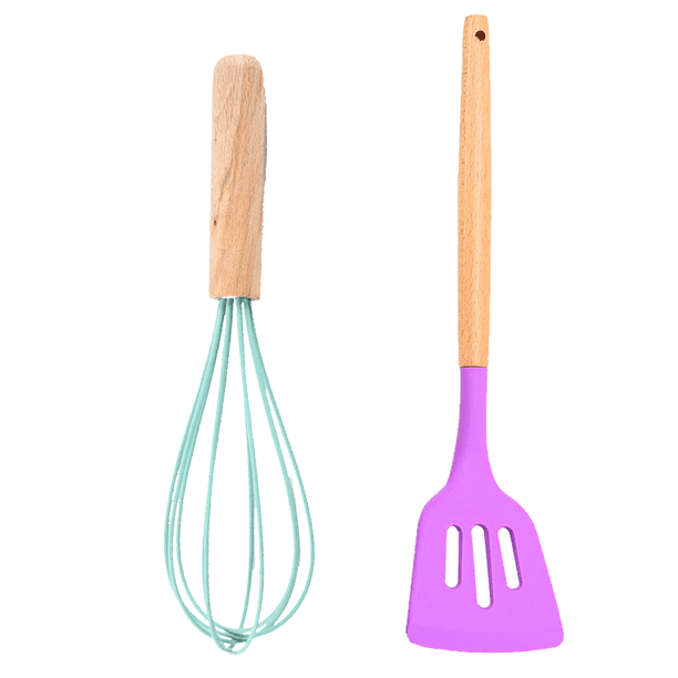Juego de utensilios de cocina de silicona, juego de utensilios de cocina resistentes al calor con mangos de madera de 2 piezas, juego de herramientas de cocina