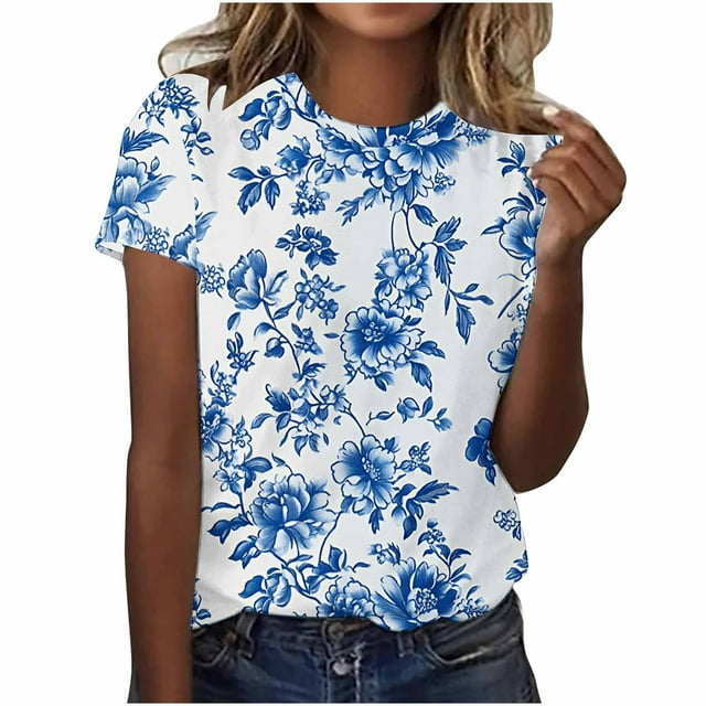 Pisexur Hauts pour Femmes Blouses Décontractées Mode Été Imprimé Manches Courtes Col Rond, Multicolore, 3TG