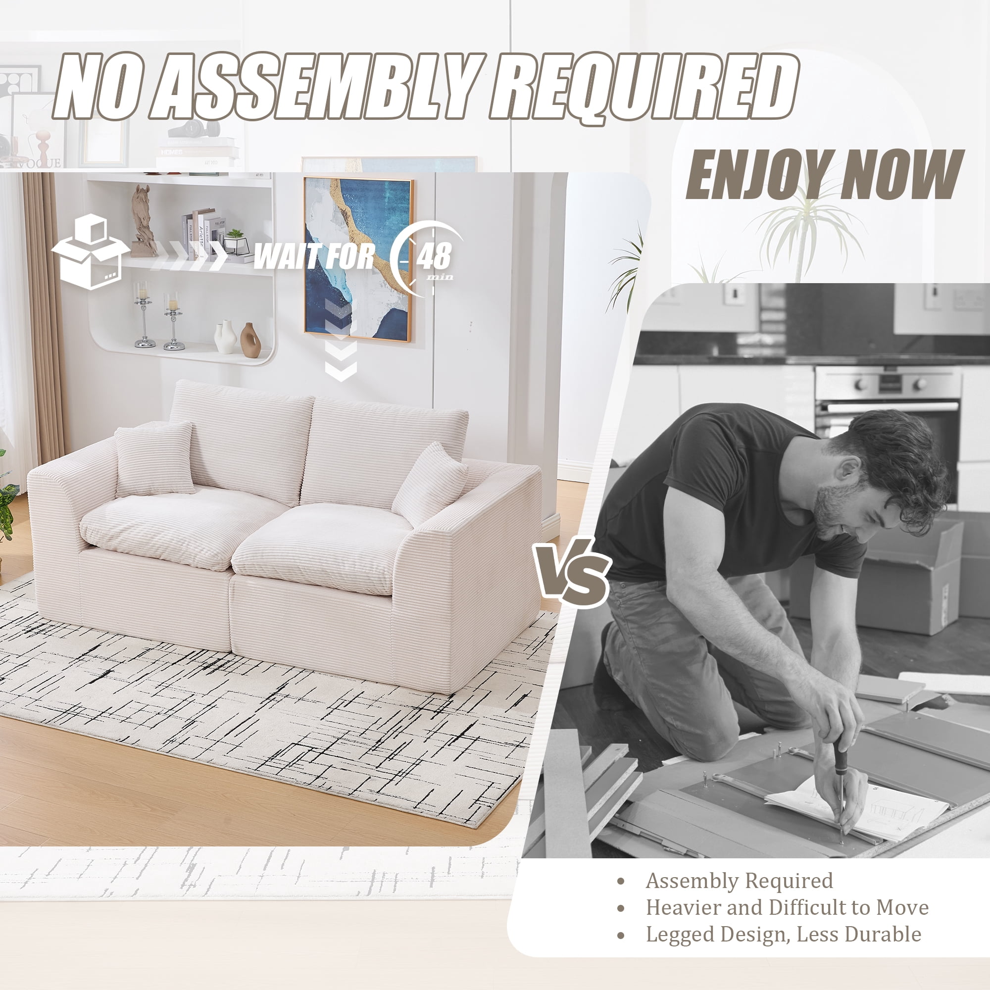 MOONMISS 80.3" Oversized Modular Sofa, Upholstered Corduroy 2 Seat Deep Seat Cloud Couch for Living Room Bedroom, No Assembly Required,Beige