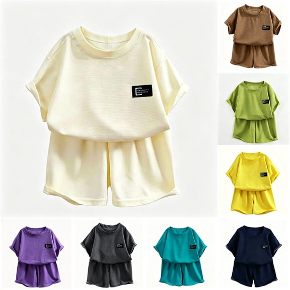 XAOFW Boys Girls Outfits Short Sleeve Knit Graphic Tees Shorts Kids Summer Comfortable Clothes Sets 4-5 Years