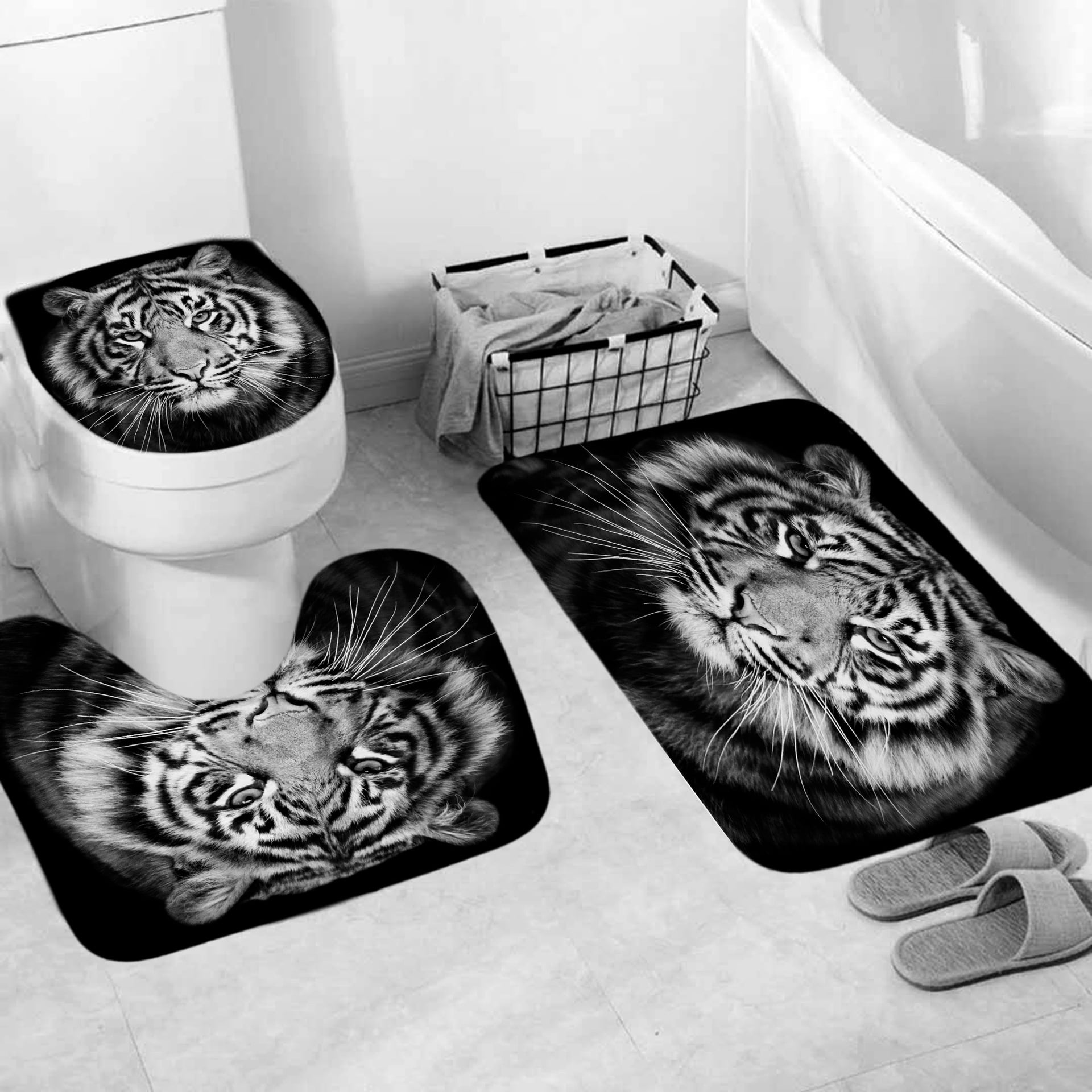 3 Pcs Tiger Cool Animal Bath Mats Set for Bathroom, No Silp Washable