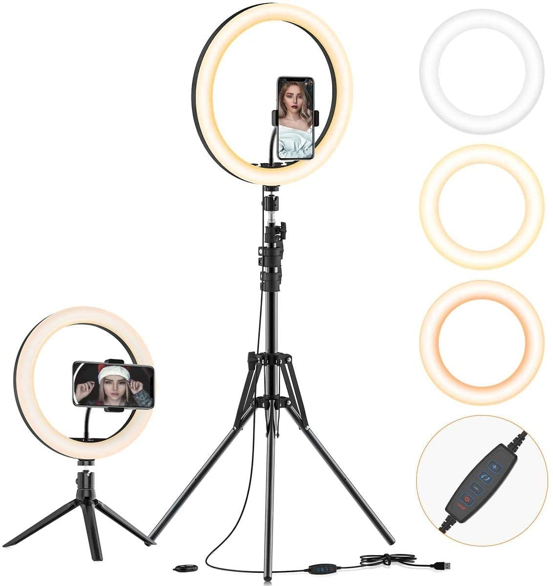 Color : Black Style 1 JIAX LED Ring Light with Tripod Stand and Phone Holder for Selfie，with 3 Light Modes，Portable Travel Triangle Floor Selfie Stick，Adjustable Color Temperature Warm