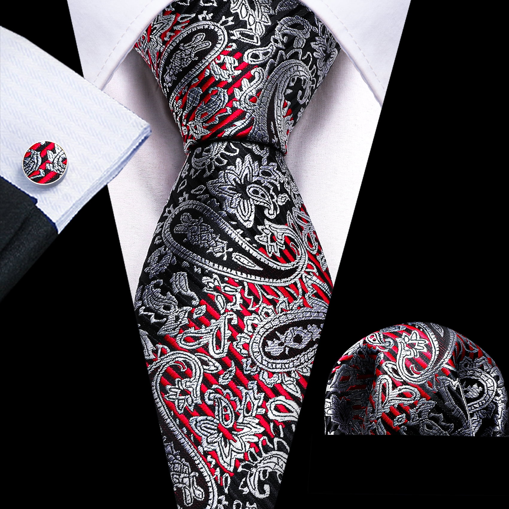 Barry.Wang Men's Silk Tie Set With Pocket Square & Cufflinks - Solid Color Formal Set