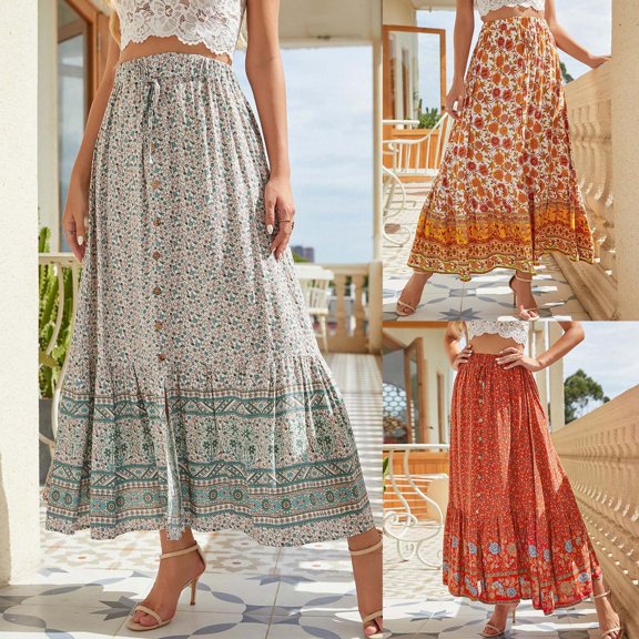 XINPING Flowy Skirts for Women Boho Casual Color Block Soft & Breathable Chiffon Elastic High Waist Pleated A-Line Flared Maxi Skirts