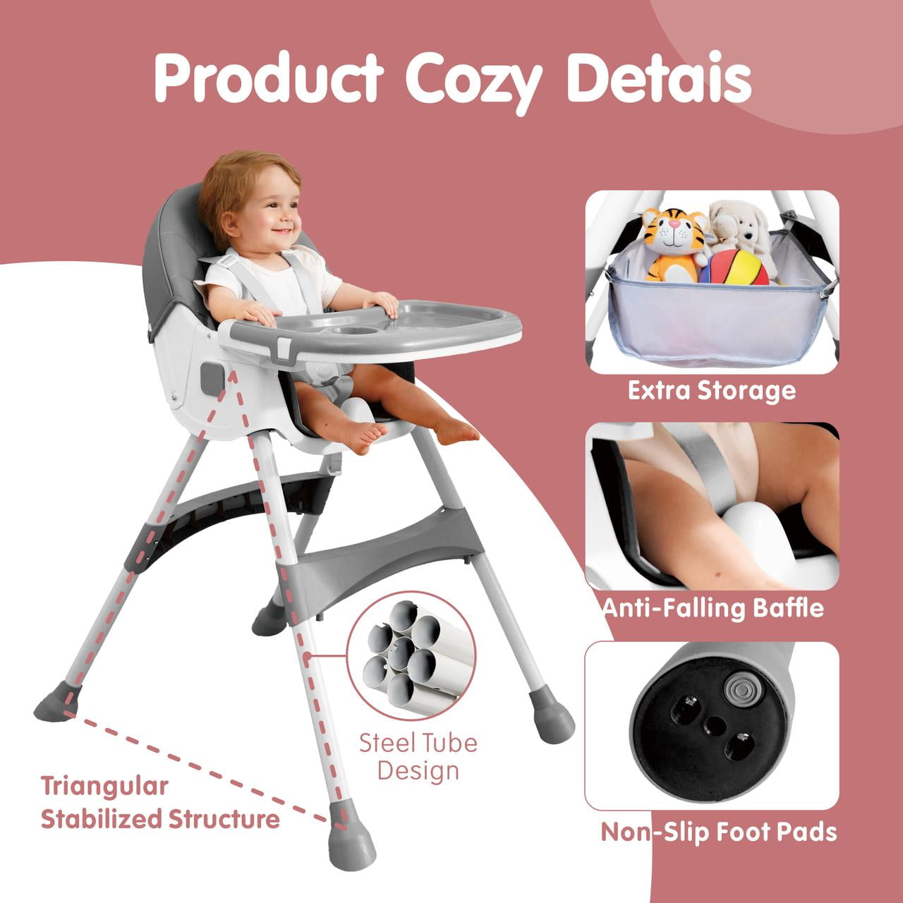 Aprpink 6 in 1 Baby Convertible High Chair Seat with 5 Point PU Safety Harness Gray Striped