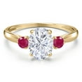 thumbnail image 3 of Gem Stone King 10K Yellow Gold White Moissanite and Red Ruby 3-Stone Ring for Women | 1.81 Cttw | Oval 8X6MM | Gemstone Birthstone | Size 6, 3 of 6