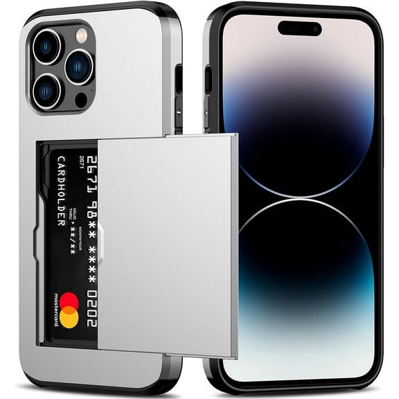 for iPhone 14 Pro Max Case with Card Holder Heavy Duty Protective Dual Layer Shockproof Hidden Card Slot Slim Wallet Case for iPhone 14 Pro Max for Women&Men(Silver)