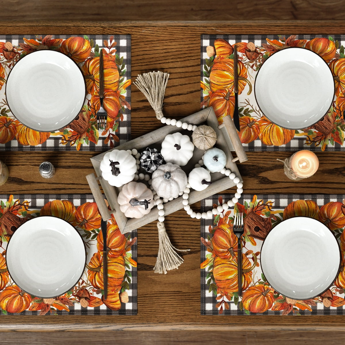 Sm:)e 4 Set Total 16PCS Seasonal Decorative Placemats, All Season Polyester Durable Vintage Rustic Table Mats for Kitchen Home Farmhouse Cabin Decor Holiday Celebration