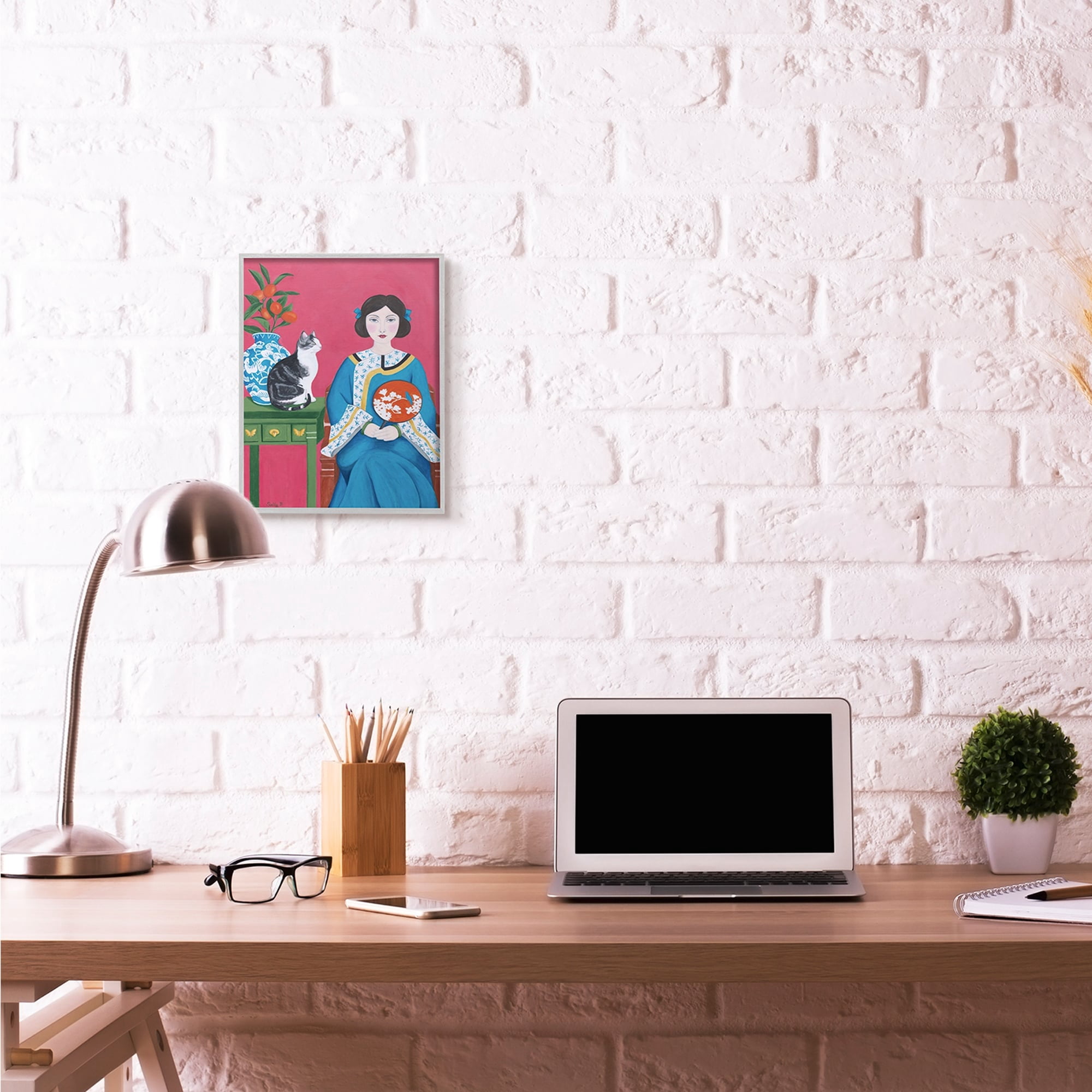 Stupell Industries Chinese Woman And Cat Red Green Blue Painting Gray Framed Art Print Wall Art, 16x20, by Sally B