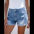 thumbnail image 4 of Shorts Vaqueros Desgastados de Tiro Medio-Alto para Mujer, con Bolsillos y Dobladillo Doblado, Informales, de Verano Azul S, 4 of 7