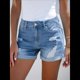 thumbnail image 4 of Shorts Vaqueros Desgastados de Tiro Medio-Alto para Mujer, con Bolsillos y Dobladillo Doblado, Informales, de Verano Azul L, 4 of 7