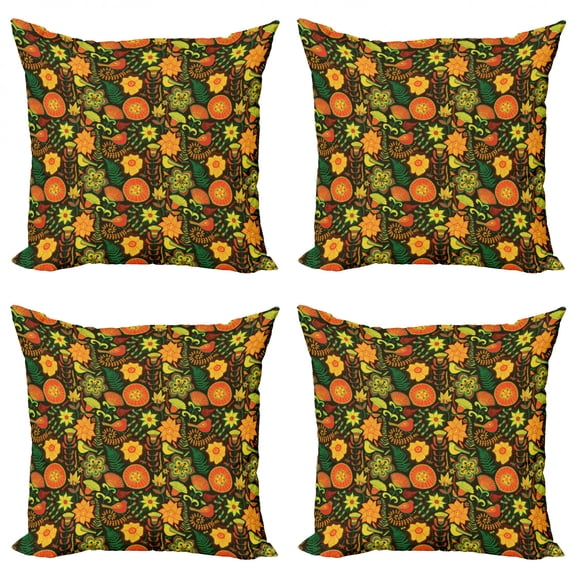 Garden Throw Pillow Cushion Case Pack of 4, Ornamental Nature Wildlife Pattern with Birds and Summer Flowers Scroll Art Design, Modern Accent Double-Sided Print, 4 Sizes, Multicolor, by Ambesonne