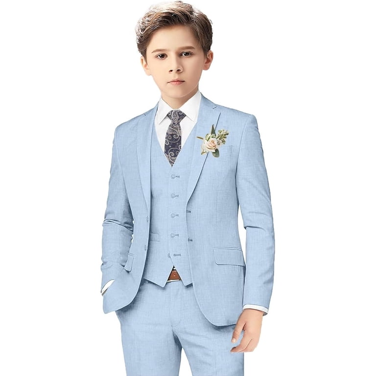 Boys Linen Suits For Kids Summer Slim Fit 3 Piece Beach Wedding Outfit Light Weight Tuxedo Linen Suit Set, White, 20