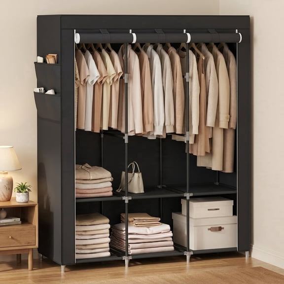 LEDREM Closet Organizer with Cover Fabric Storage, Large Wardrobe with 3 Hanging Rods & 4 Side Pockets, Easy Tool-Free Assembly, For Bedroom/Living Room