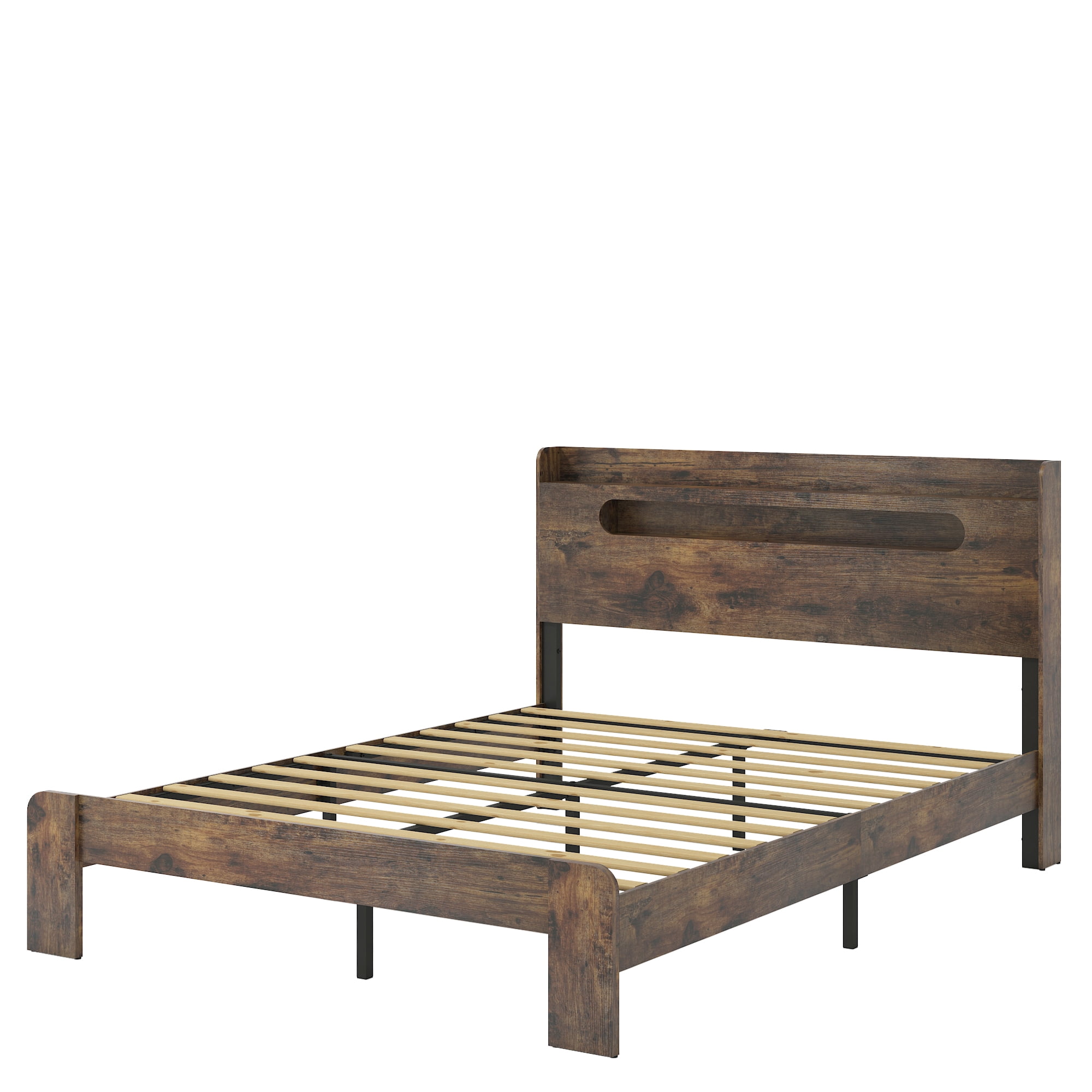 Gewnee Full Size Solid Wood Platform Bed Frame, Storage Headboard with LED Lights & 2 USB Ports, Noise-Free, No Box Spring Required, Easy to Assemble, Large Underbed Storage, Dark Brown