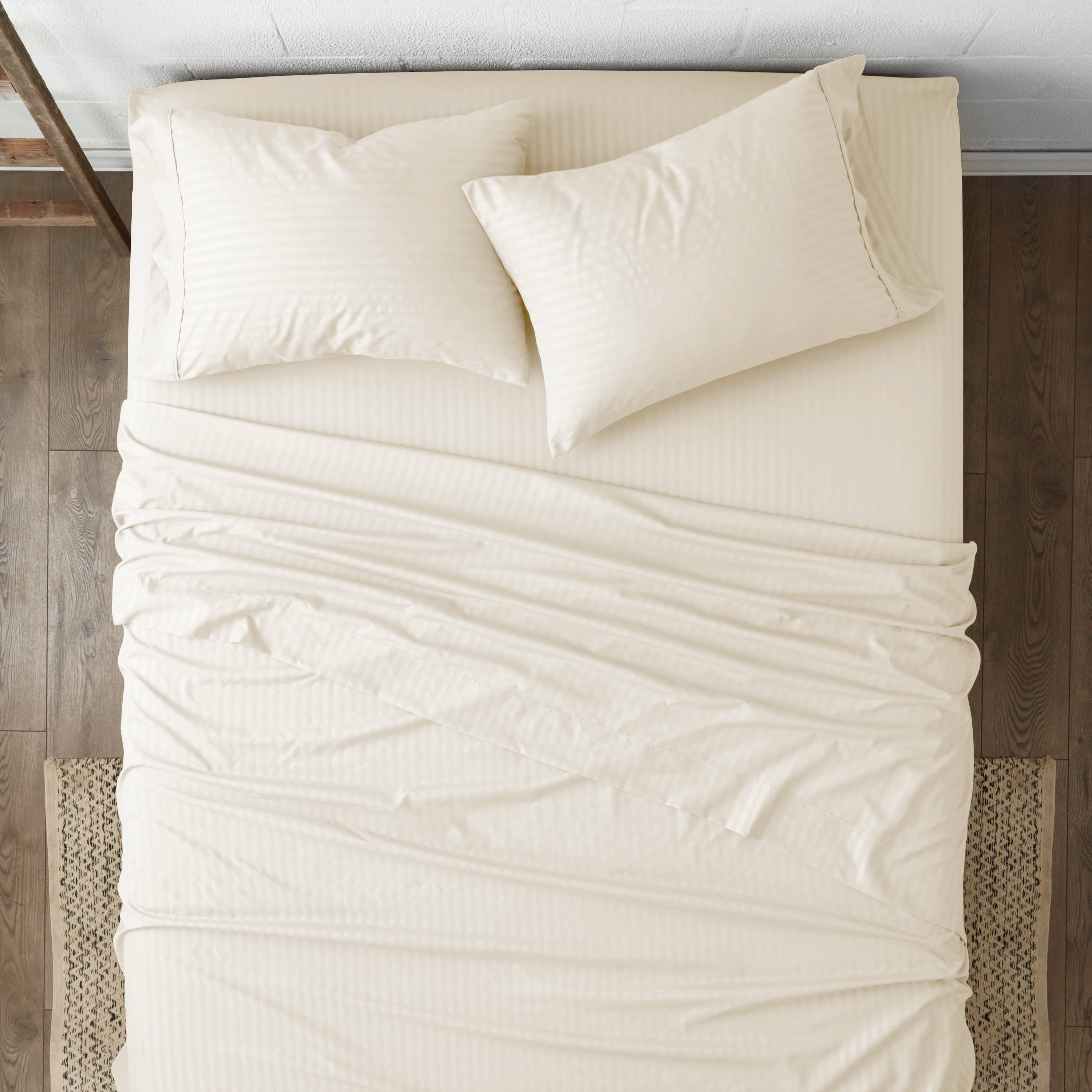 Noble Linens 4 Piece Ivory Striped Embossed Bed Sheet Set, CalKing