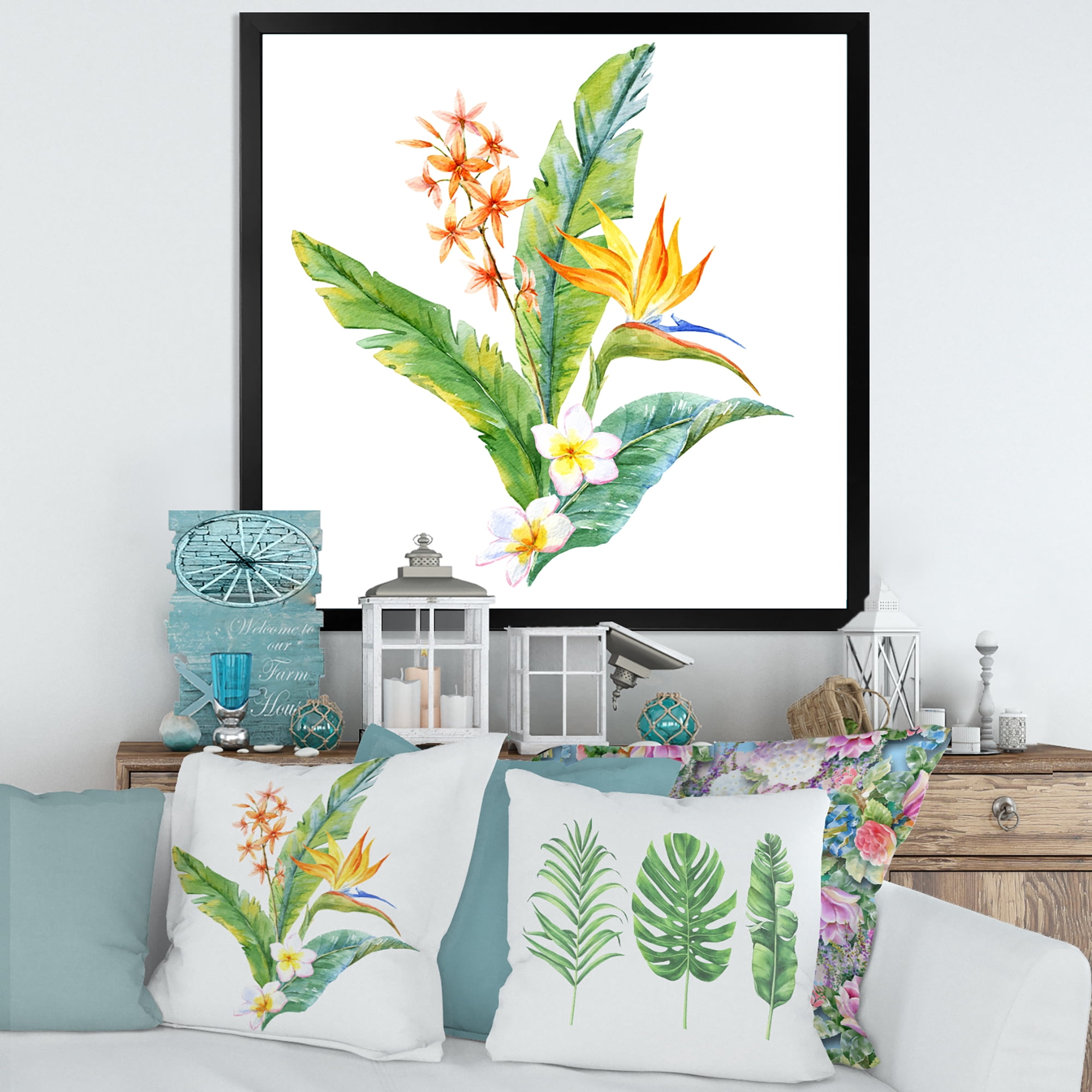Designart 'Green Leaves With Tropical Yellow Flowers I' Traditional Framed Art Print