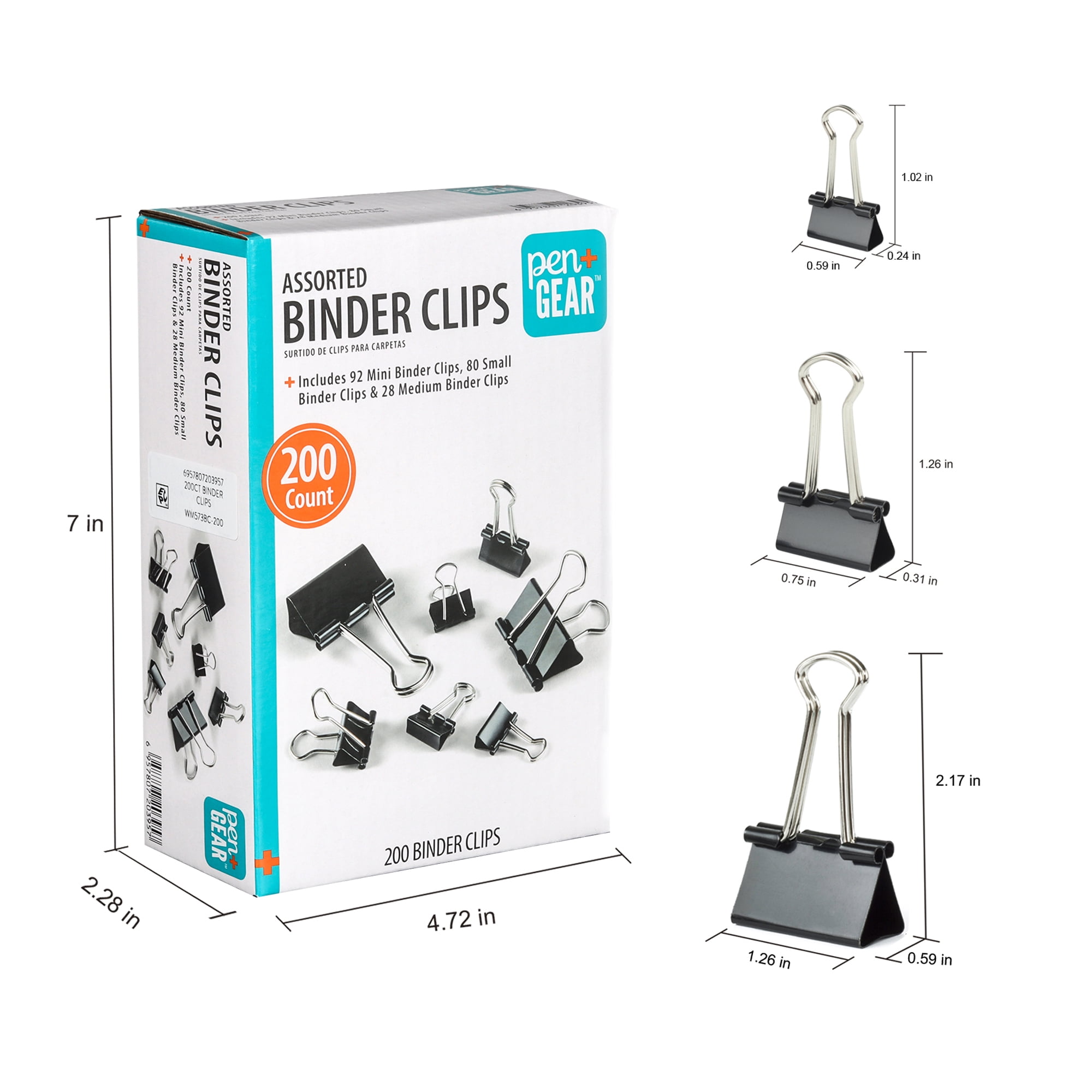 Pen + Gear Metal Binder Clips, Assorted Sizes, 200 Count, Black