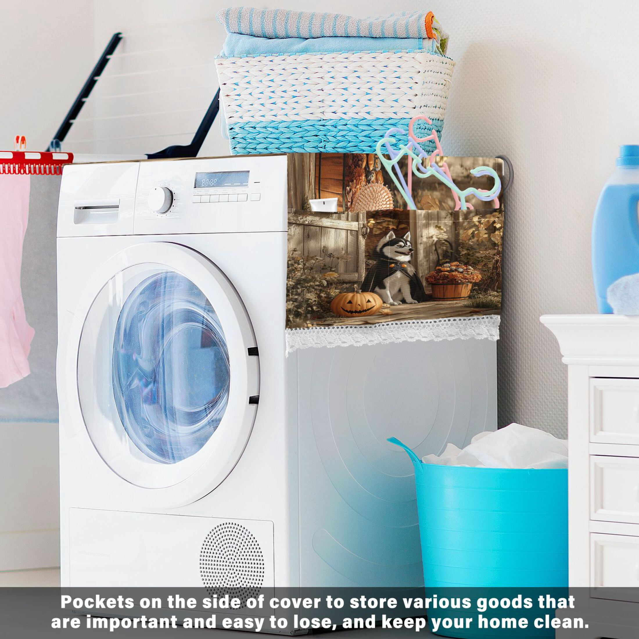 Hallowween HuskyWasher and Dryer Covers Dust-Proof and Oil Resistant Fridge Cover with 4 Storage Pockets Washing Machine Top Cover for Laundry Kitchen Home 51.2 x 22 In