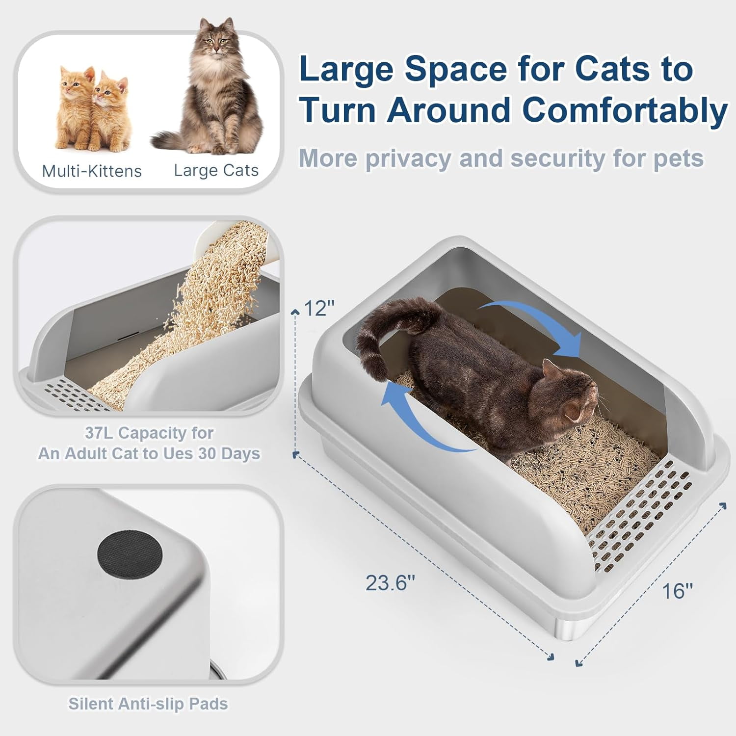 6" Deep Stainless Steel Cat Litter Box with Lid Extra Large Litter Box for Big Cats XL Metal Litter Pan Tray with High Wall Sides Enclosure, Non-Sticky, Anti-Leakage, Easy Cleaning