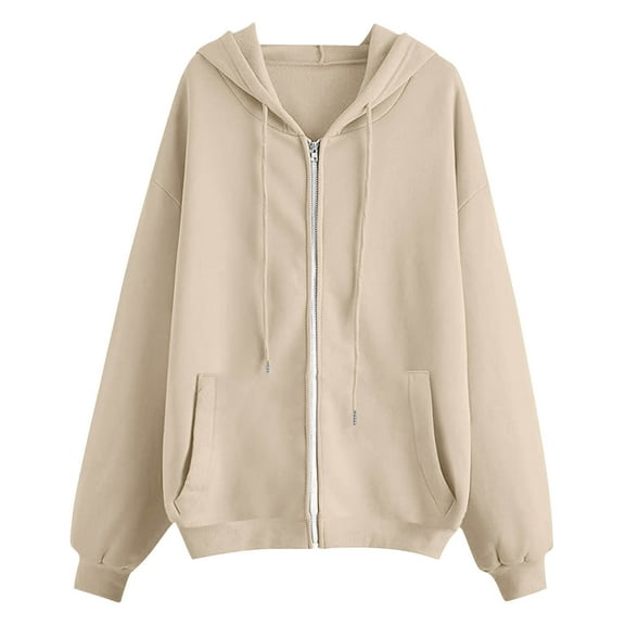 Enjoytime Zip Up Hoodie Women Solid Color Long Sleeve Casual Loose Sweatshirts Fashion Trendy Lightweight Jacket Khaki XL