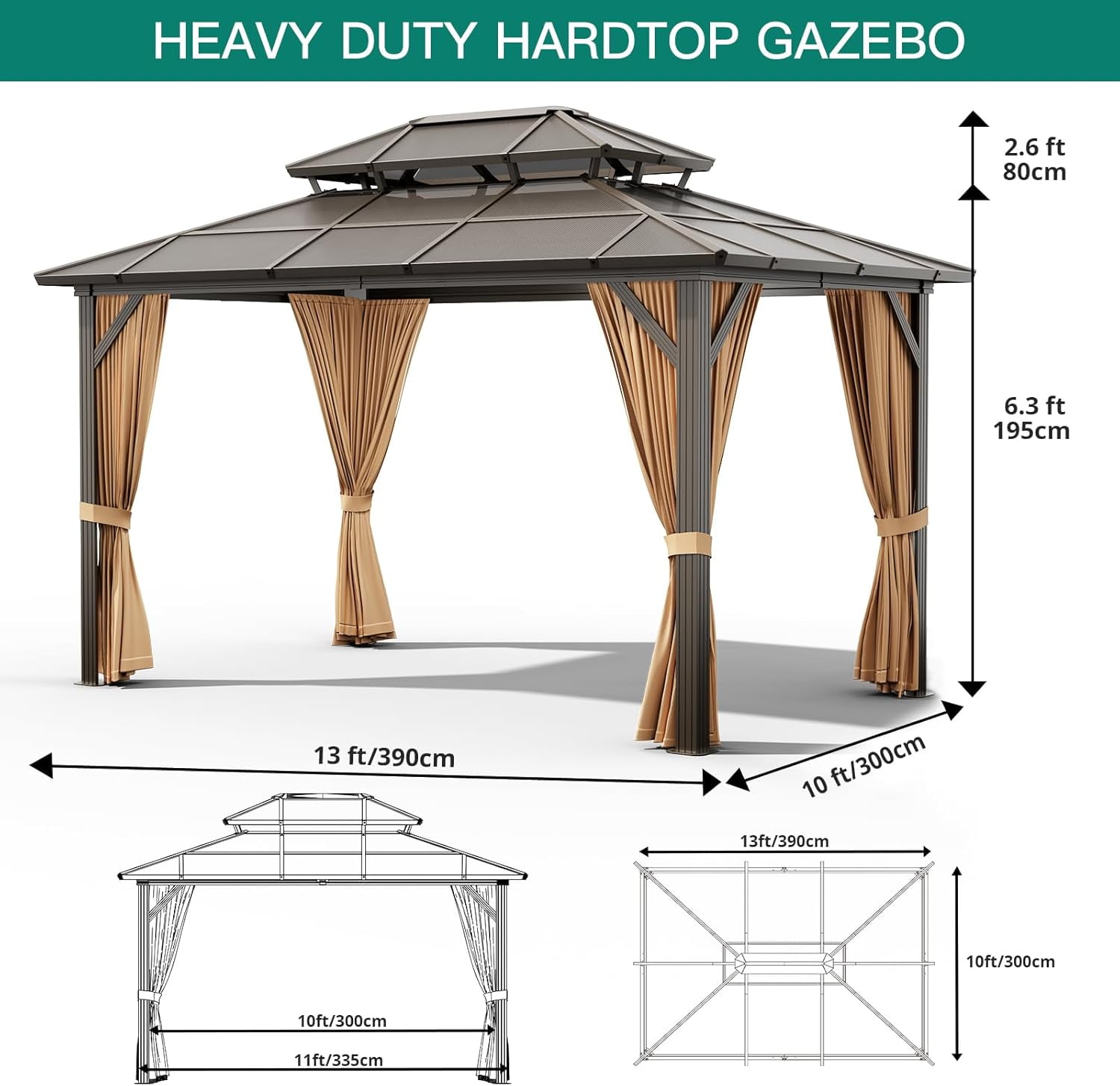 2025 New 10'x13' Hardtop Gazebo, Outdoor Polycarbonate Double Roof Canopy, Aluminum Frame Permanent Pavilion with Curtains and Netting, Sunshade for Garden, Patio, Lawns