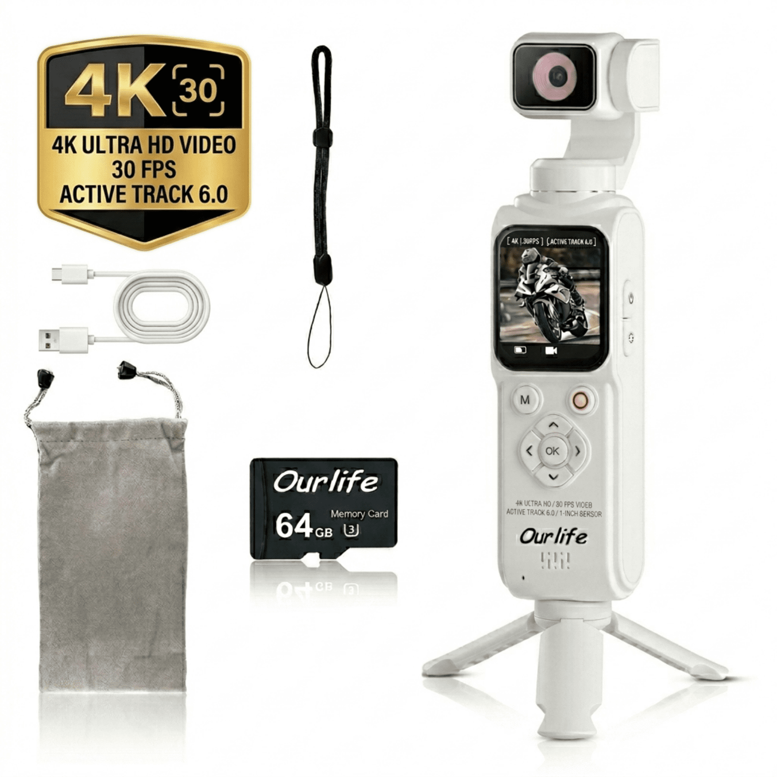 Ourlife 4K Pocket Gimbal Camera for Vlogging, 75MP Autofocus Camera with Face Tracking, Touchscreen, WiFi, 64GB Card, White