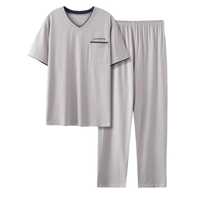 RKSTN Pajamas Set For Men Summer Solid Color Lounge V Neck Short Sleeve And Pants Pjs Sets Comfortable 2 Piece Comfy Fall Fashionable Loungewear