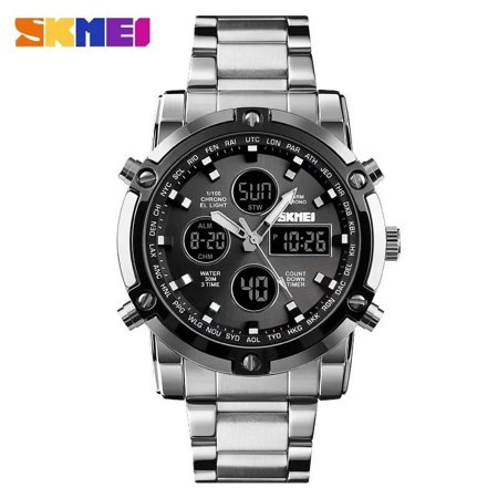 1389 Countdown Steel Strap Wristwatch Clock Relogio Masculino Digital Quartz Watch Men Three Time Quartz Wrist Mens Watch Silver Black Watch