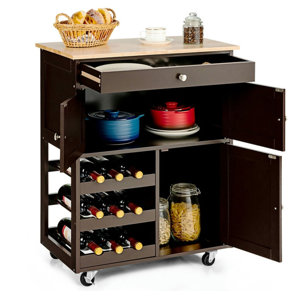 Finihen Rolling Cart, Kitchen Island Cart, Kitchen Cart with Rubber Wood Top 3 Tier Wine Racks 2 Cabinets, for Kitchen, Dining Room, Brown Finihen Rolling Cart, Kitchen Island Cart, Kitchen Cart with Rubber Wood Top 3 Tier Wine Racks 2 Cabinets, for Kitchen, Dining Room, Brown