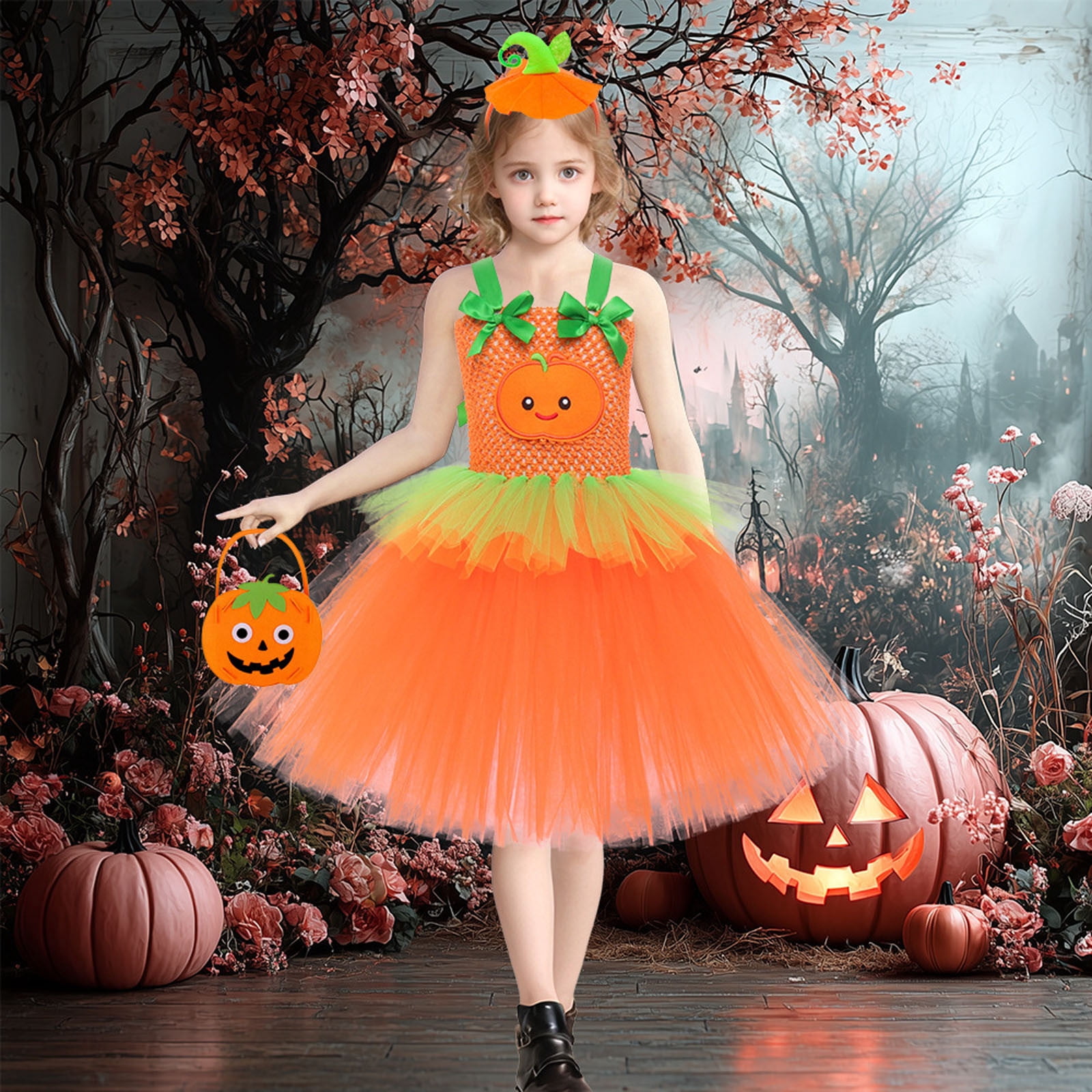 cute pumpkin dress Fyduu Kids Girls Halloween Girls Tutu Dresses With Bag Headband 3 Pcs Set Holiday Party Fancy Dress Up Outfit Fall Warm Clothes fabric-core length from armpit to halloween pumpkin dress Pink Satin Corset Dress: Taille:regular ( waist 37'' or less)