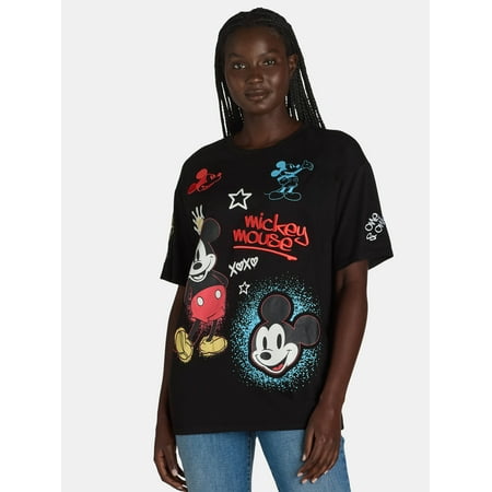 Mickey Mouse Women's Embroidered Graphic Print T-Shirt, Sizes XXS-XXL