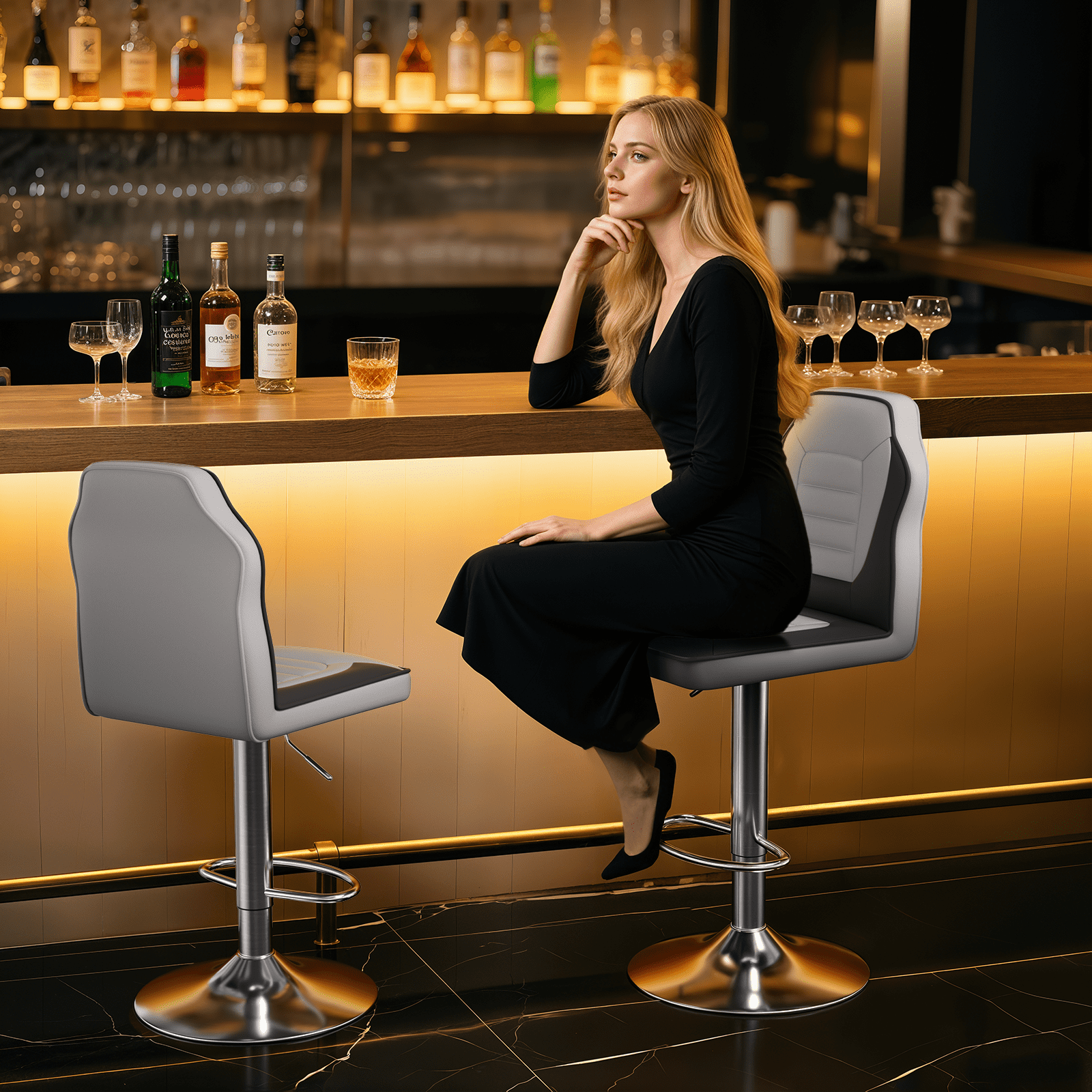 OSM 2-Pack Racing Style Bar Stools, Adjustable Height Swivel Gaming Chairs with High Back, Footrest & PU Leather, for Kitchen Island, Home Pub, White/Black