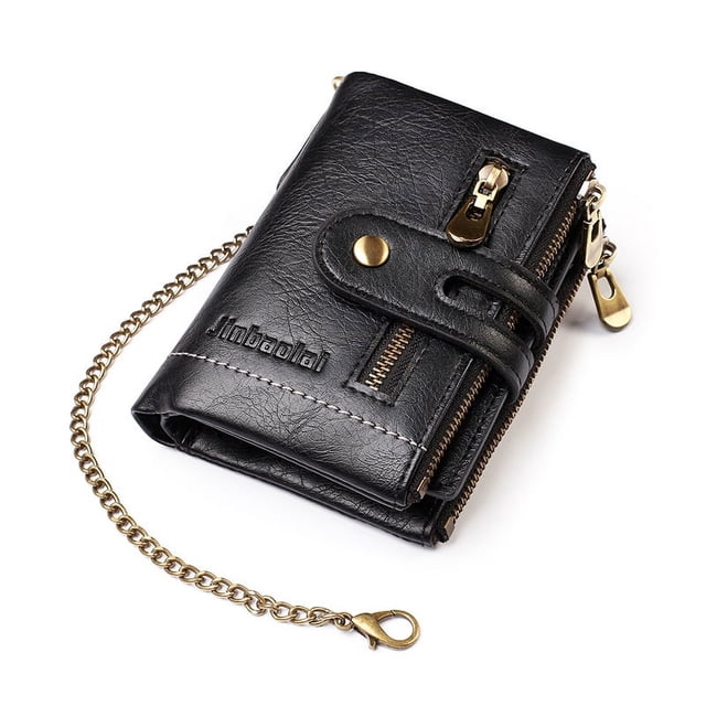 Cartera de hombre con cadena retro con doble cremallera Monedero Monedero multitarjetas