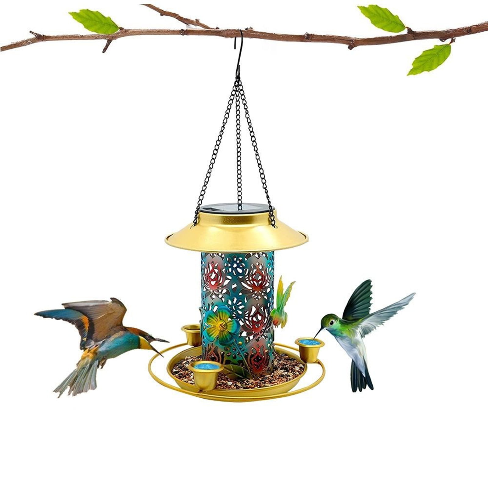 Djiypn Solar Bird Feeders Outdoors Hanging - Metal Waterproof Outside Wild Bird Feeders Solar Garden Lantern Ideal Gift for Bird Lovers, Women and Mom, Decoration for Yard, Patio, Lawn